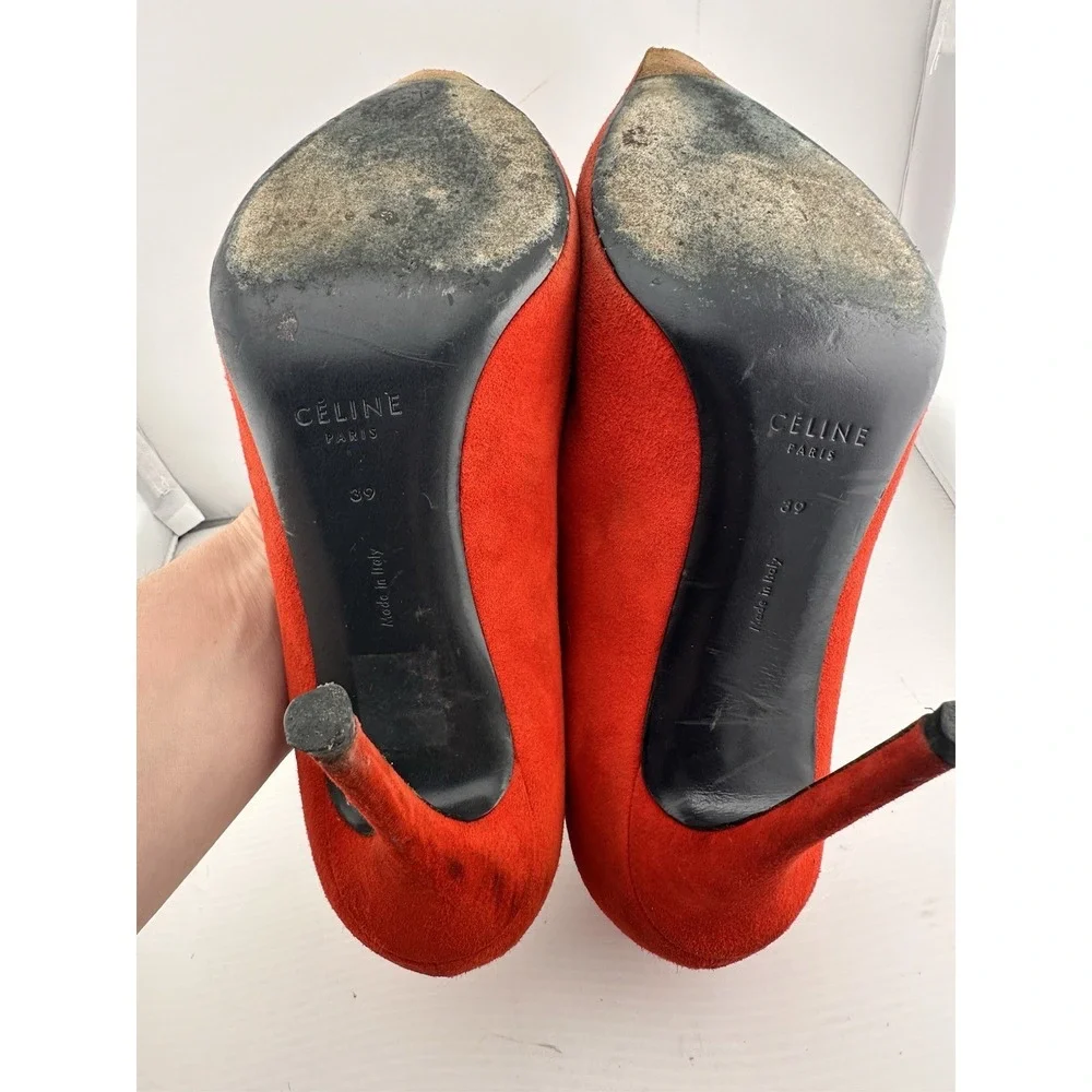 Celine Orange-Red‎ Suede Pointed Toe Stiletto Heel 39 US 8.5 Boss Power Preppy - Picture 7 of 11